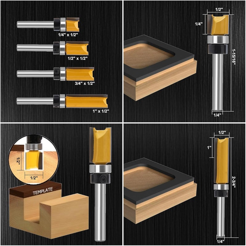 MDBTTOOLS Flush Trim Router Set for Woodworking - Cabinet, Rabbeting, Tongue & Groove(Router Bit-1/4 Inch Shank-4 pcs Straight) - Image 5